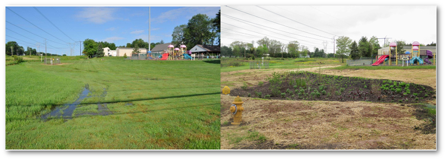 The “before” photo on the left shows the issue of standing water. The “after” photo on the right shows the Perkiomen demonstration rain garden after installation. Left photo taken by Bob Kahley, Aqua PA. Right photo taken by Virginia Vassalotti, Partnership for the Delaware Estuary. Photos provided by the Montgomery County Conservation District. 